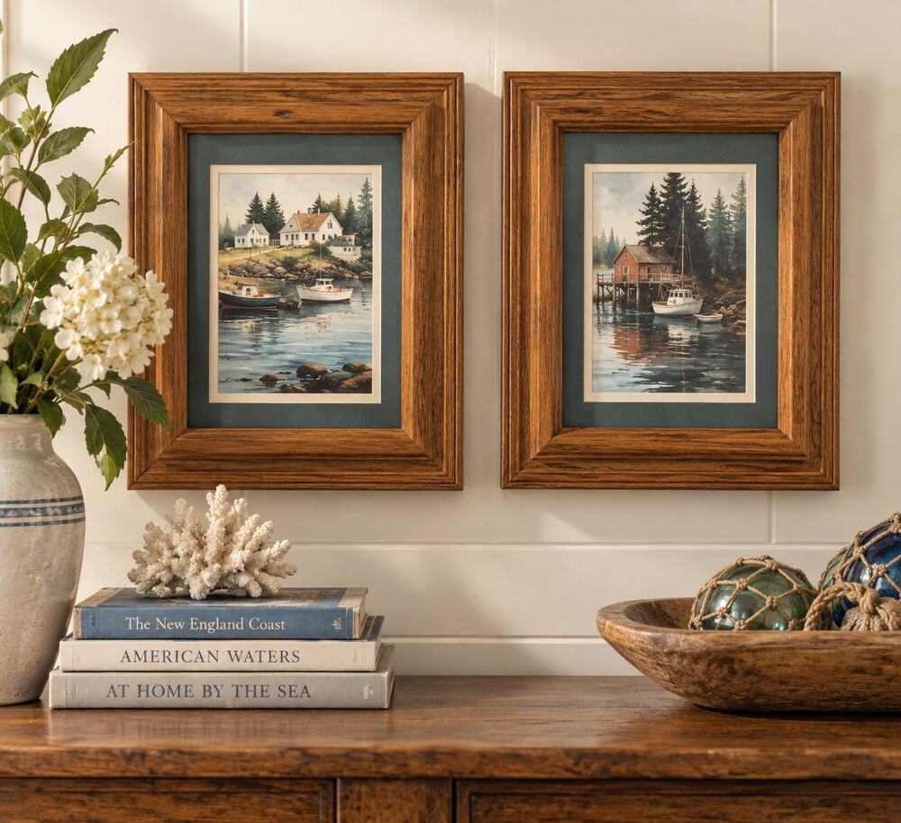 Vintage Coastal Harbor Prints Pair Heavy Solid Oak Frames Double Matted 10x8